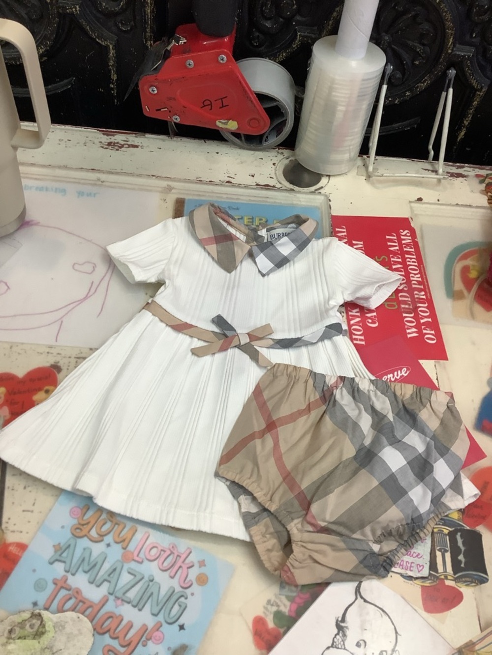 Burberry Cream & Black Nova Check Infant Dress with Contrast Collar
